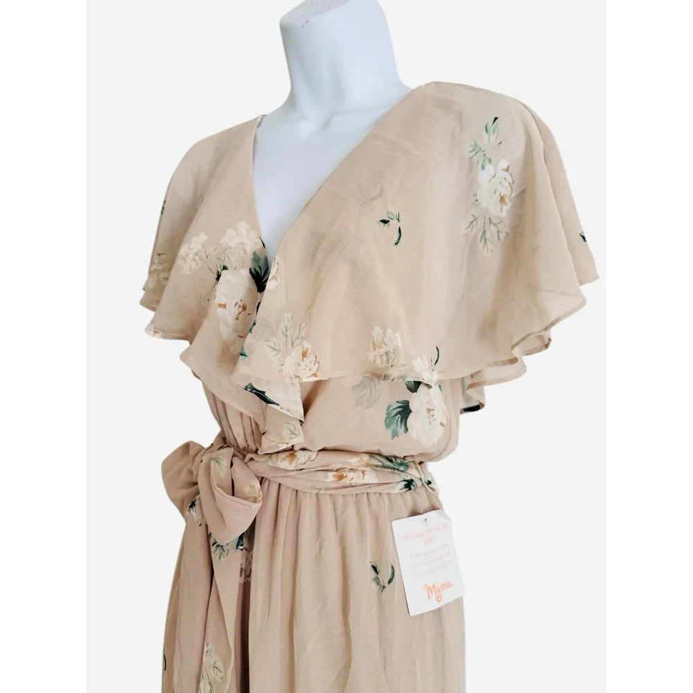 Show Me Your MuMu Maxi Dress M AUDREY Blush Floral‎ Ruffle Wrap Front Chiffon